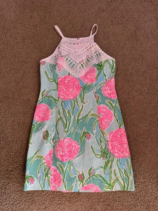 LILLY PULITZER SZ 10 Pearl Shift Floral Dress Poolside Halter Crochet VACATION - Picture 8 of 8